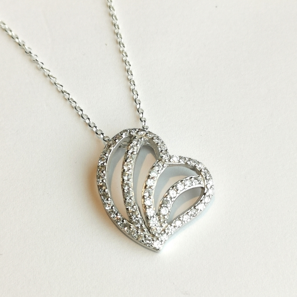 CZ Puffy Heart Pendant Necklace Sterling Silver New